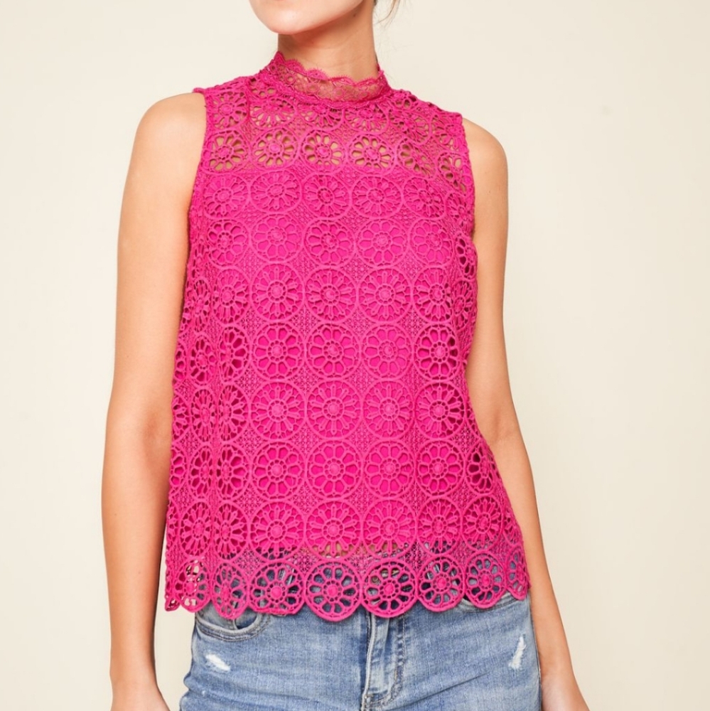 Fuschia Pink Crochet mock neck pink top